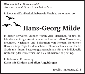 Traueranzeige von Hans-Georg Milde von Märkische Oderzeitung