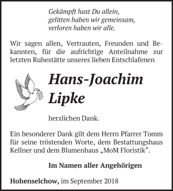 Traueranzeige von Hans-Joachim Lipke von Märkische Oderzeitung