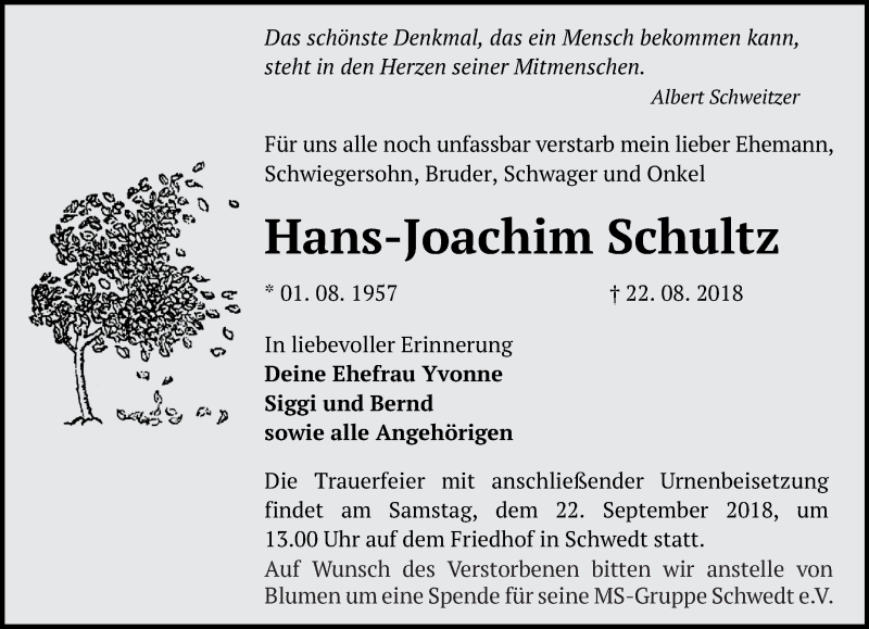  Traueranzeige für Hans-Joachim Schultz vom 01.09.2018 aus Märkische Oderzeitung