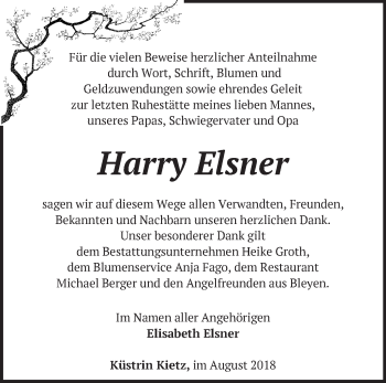 Traueranzeige von Harry Elsner von Märkische Oderzeitung