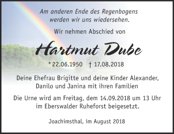 Traueranzeige von Hartmut Dube von Märkische Oderzeitung