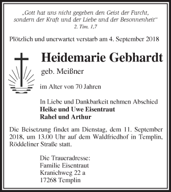 Traueranzeige von Heidemarie Gebhardt von Märkische Oderzeitung