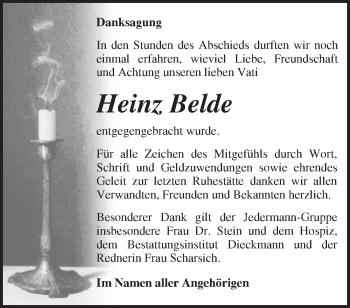 Traueranzeige von Heinz Belde von Märkische Oderzeitung