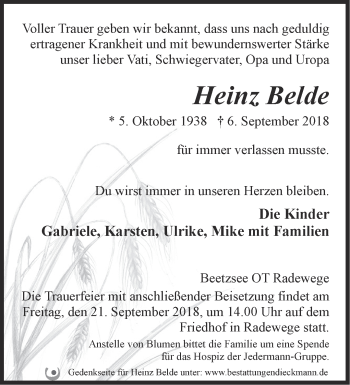 Traueranzeige von Heinz Belde von Märkische Oderzeitung