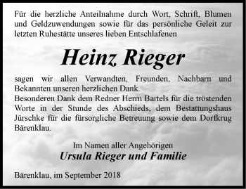 Traueranzeige von Heinz Rieger von Märkische Oderzeitung