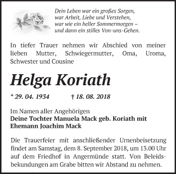 Traueranzeige von Helga Koriath von Märkische Oderzeitung