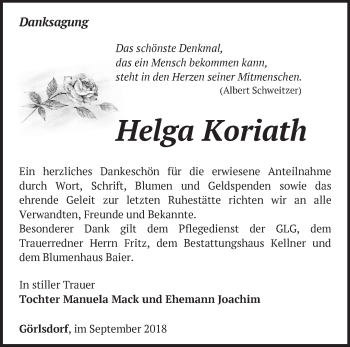 Traueranzeige von Helga Koriath von Märkische Oderzeitung