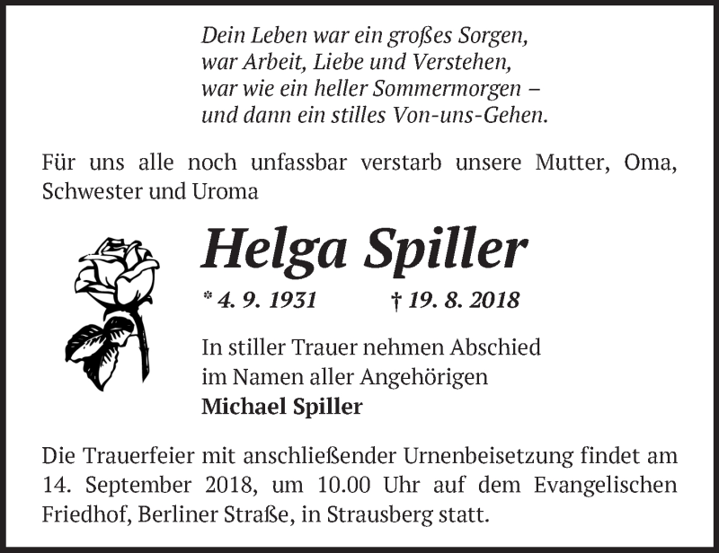  Traueranzeige für Helga Spiller vom 08.09.2018 aus Märkische Oderzeitung