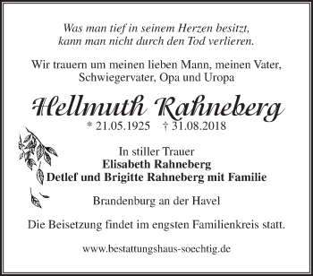 Traueranzeige von Hellmuth Rahneberg von Märkische Oderzeitung