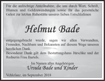 Traueranzeige von Helmut Bade von Märkische Oderzeitung