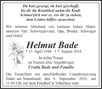 Traueranzeige von Helmut Bade von Märkische Oderzeitung