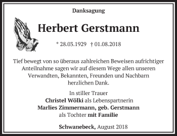 Traueranzeige von Herbert Gerstmann von Märkische Oderzeitung