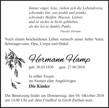 Traueranzeige von Hermann Hamp von Märkische Oderzeitung