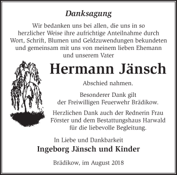 Traueranzeige von Hermann Jänsch von Märkische Oderzeitung