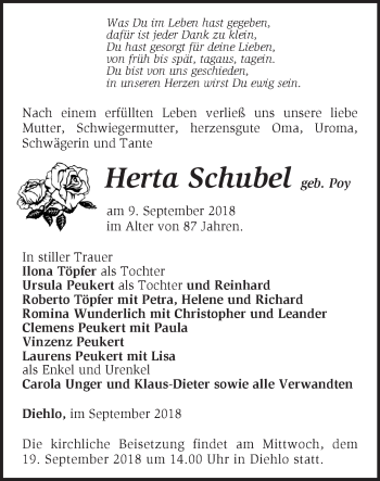 Traueranzeige von Herta Schubel von Märkische Oderzeitung