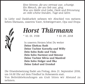 Traueranzeige von Horst Thürmann von Märkische Oderzeitung