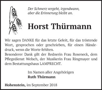 Traueranzeige von Horst Thürmann von Märkische Oderzeitung