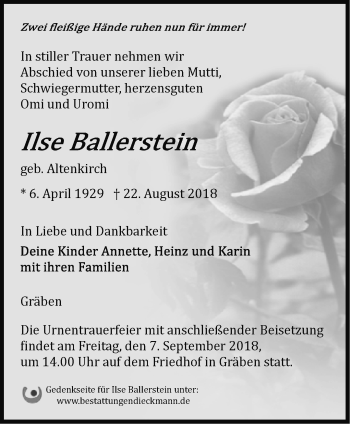 Traueranzeige von Ilse Ballerstein von Märkische Oderzeitung