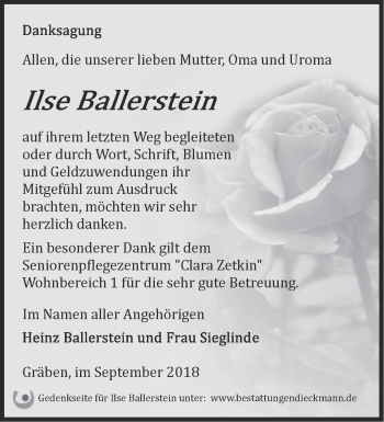 Traueranzeige von Ilse Ballerstein von Märkische Oderzeitung