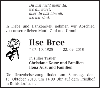 Traueranzeige von Ilse Bree von Märkische Oderzeitung