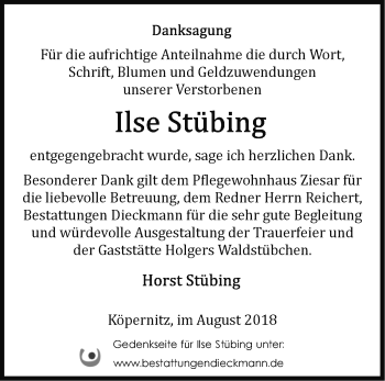 Traueranzeige von Ilse Stübing von Märkische Oderzeitung