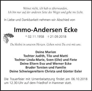 Traueranzeige von Immo-Andersen Ecke von Märkische Oderzeitung