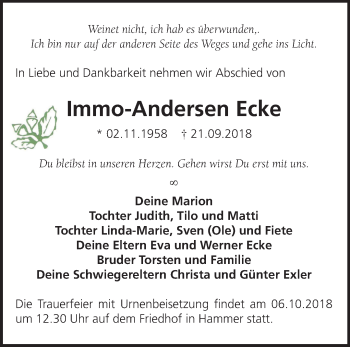 Traueranzeige von Immo-Andersen Ecke von Märkische Oderzeitung