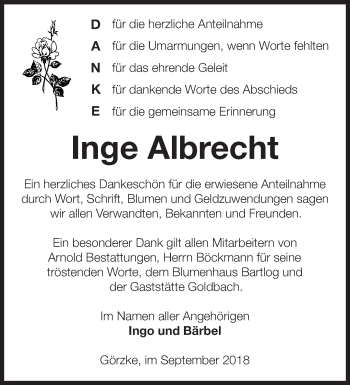 Traueranzeige von Inge Albrecht von Märkische Oderzeitung