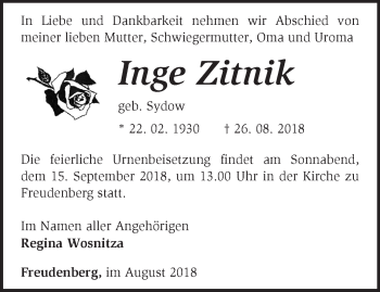 Traueranzeige von Inge Zitnik von Märkische Oderzeitung