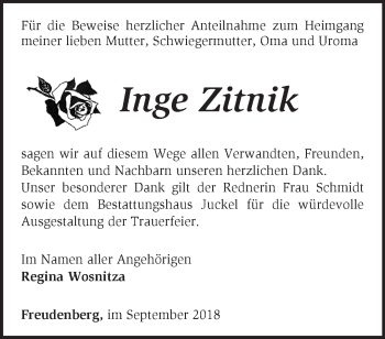 Traueranzeige von Inge Zitnik von Märkische Oderzeitung