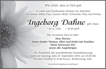 Traueranzeige von Ingeborg Dahne von Märkische Oderzeitung