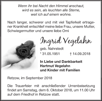 Traueranzeige von Ingrid Vegelahn von Märkische Oderzeitung