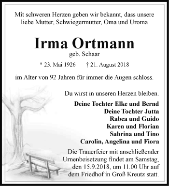 Traueranzeige von Irma Ortmann von Märkische Oderzeitung