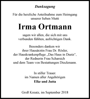 Traueranzeige von Irma Ortmann von Märkische Oderzeitung