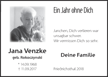 Traueranzeige von Jana Venzke von Märkische Oderzeitung