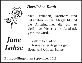 Traueranzeige von Jane Lohse von Märkische Oderzeitung