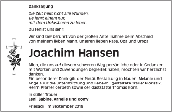 Traueranzeige von Joachim Hansen von Märkische Oderzeitung