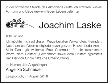 Traueranzeige von Joachim Laske von Märkische Oderzeitung