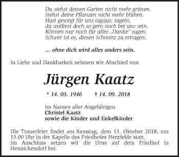 Traueranzeige von Jürgen Kaatz von Märkische Oderzeitung