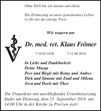 Traueranzeige von Klaus Frömer von Märkische Oderzeitung