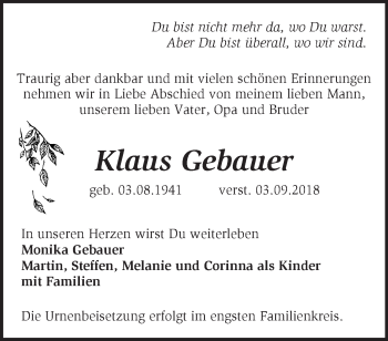 Traueranzeige von Klaus Gebauer von Märkische Oderzeitung