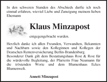 Traueranzeige von Klaus Minzapost von Märkische Oderzeitung