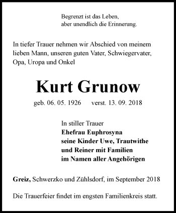 Traueranzeige von Kurt Grunow von Märkische Oderzeitung