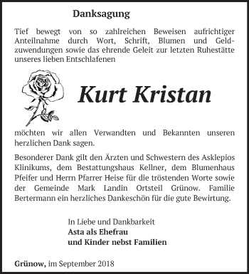 Traueranzeige von Kurt Kristan von Märkische Oderzeitung