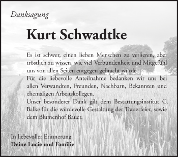 Traueranzeige von Kurt Schwadtke von Märkische Oderzeitung