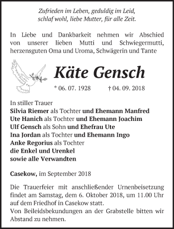 Traueranzeige von Käte Gensch von Märkische Oderzeitung