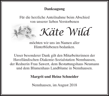 Traueranzeige von Käte Wild von Märkische Oderzeitung