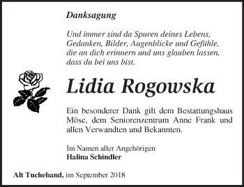 Traueranzeige von Lidia Rogowska von Märkische Oderzeitung