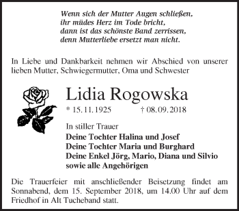 Traueranzeige von Lidia Rogowska von Märkische Oderzeitung