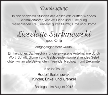 Traueranzeige von Lieselotte Sarbinowski von Märkische Oderzeitung